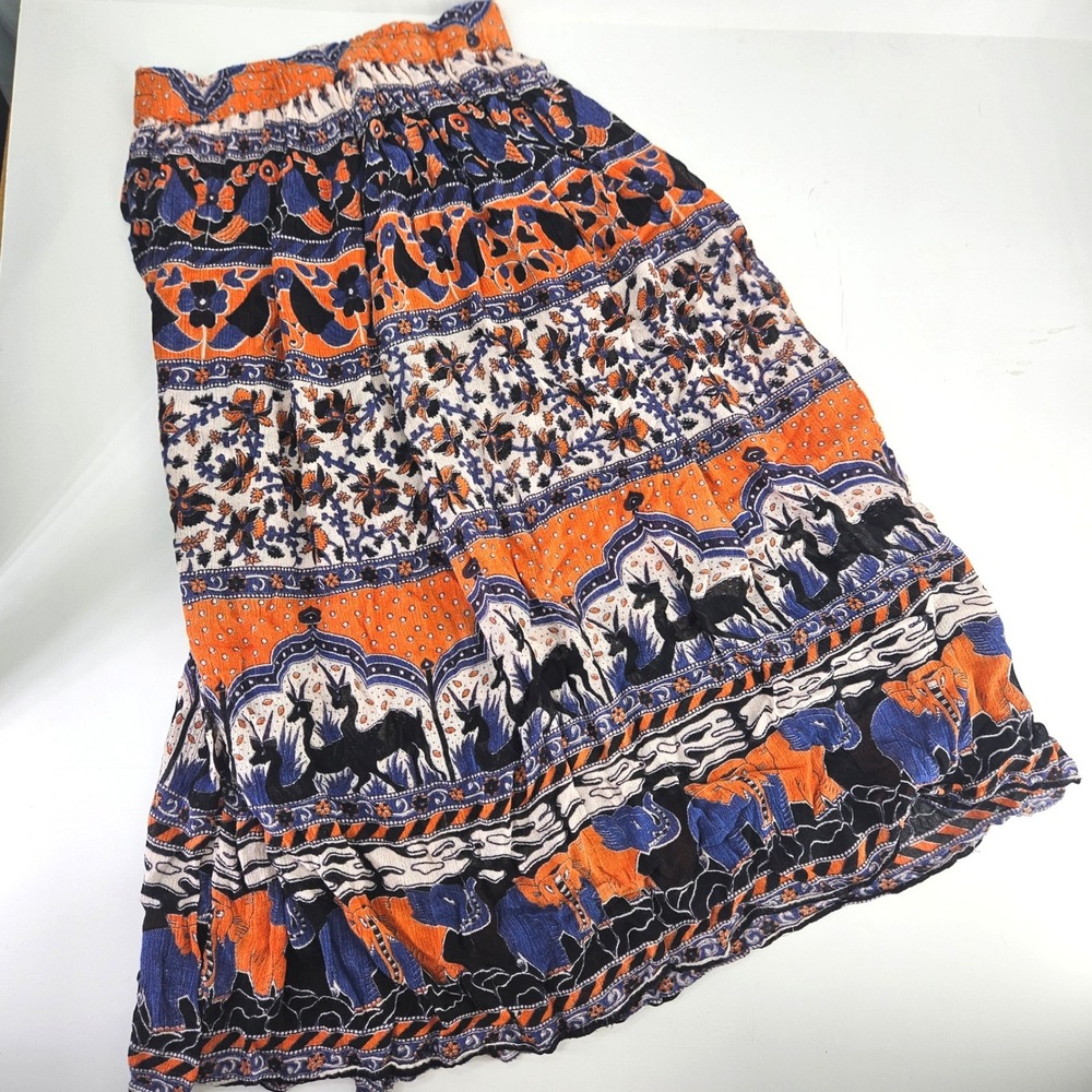 Vintage Semi-sheer Elephant Print Boho Maxi Skirt Orange Blue Black White India